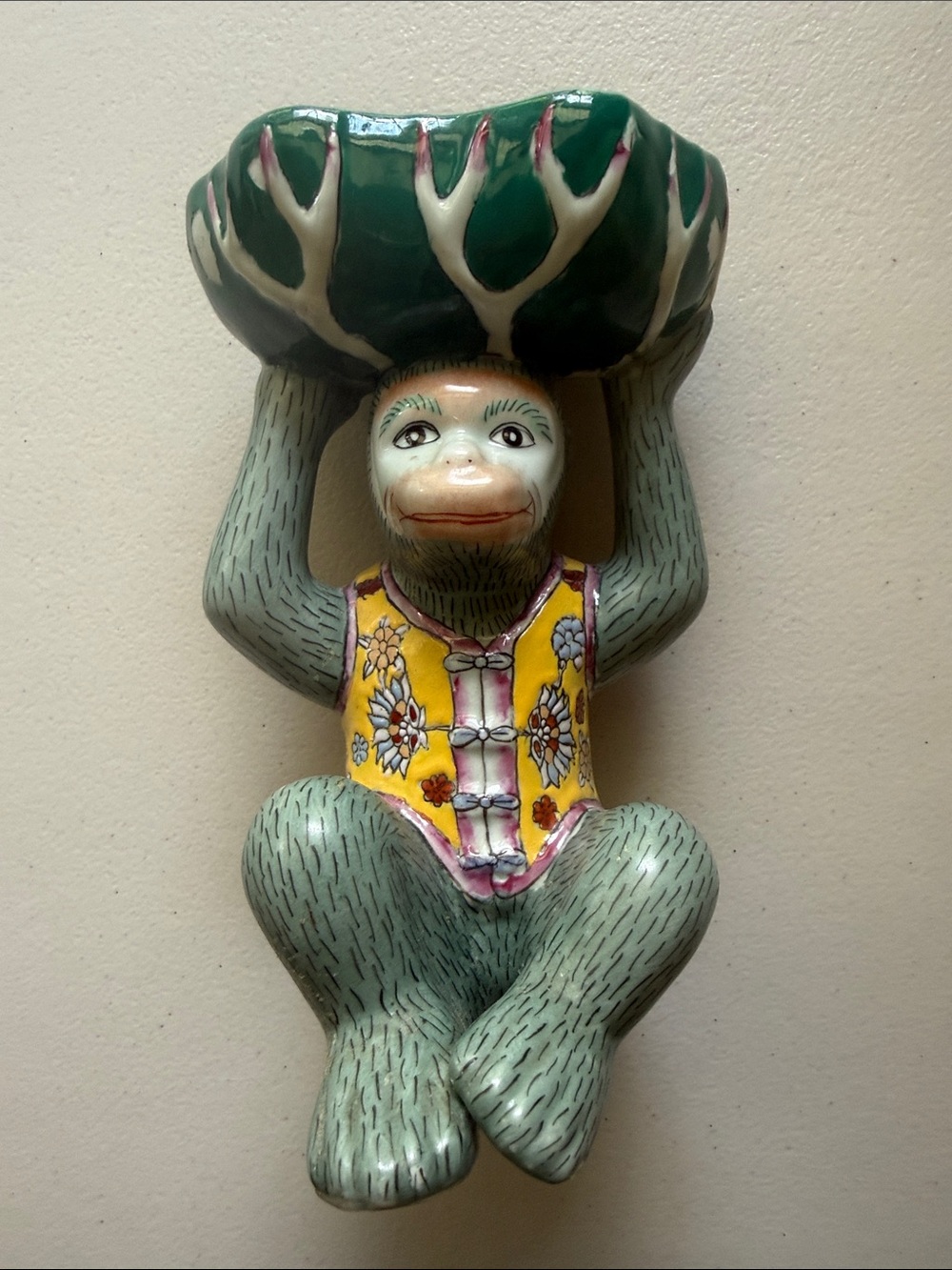 Vintage Ceramic Monkey Dish: Floral Print Jewelry, Soap, Business Card Holder
